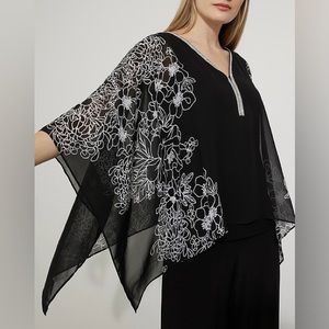 Joseph Ribkoff Sheer Top with Black/Vanilla Floral Overlay size 10 NWT
